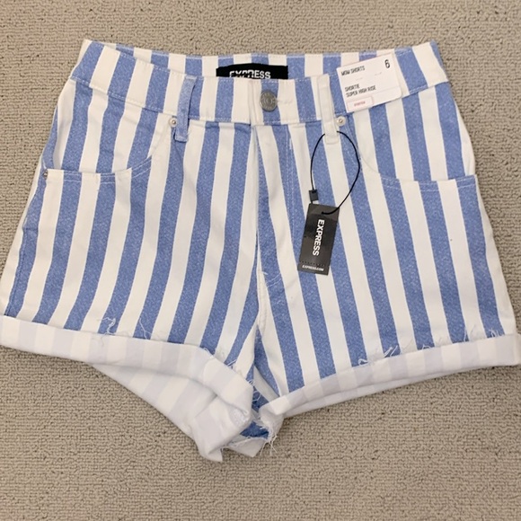 Express Blue and White Striped Shortie Super High Rise Mom Shorts- NWT- 6 - Picture 2 of 15
